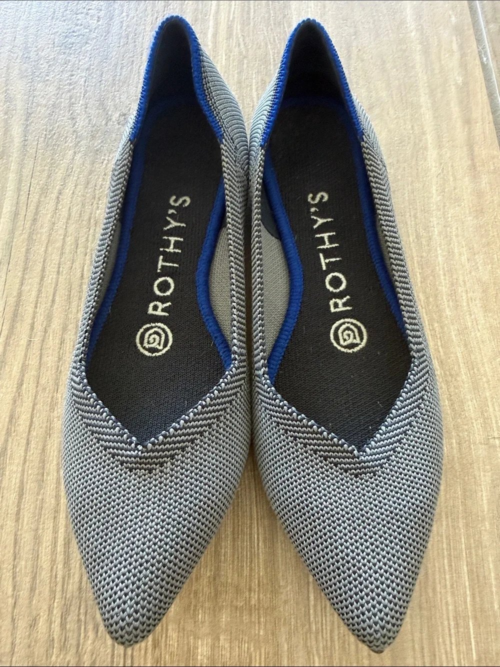 Rothy's Pointed Knit Flats in Gray with Blue Trim